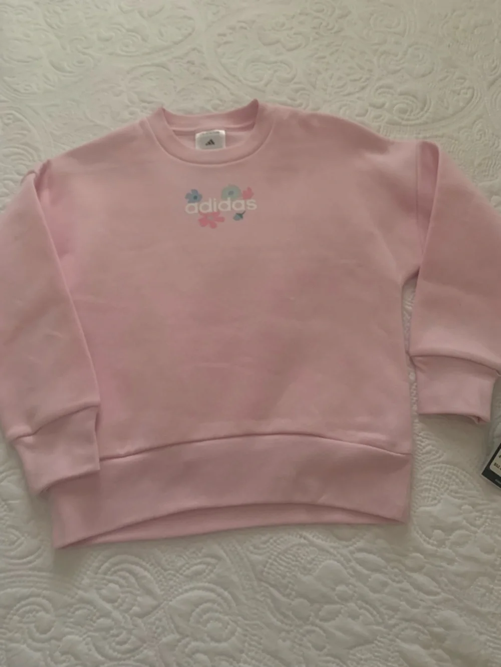 adidas girl’s Pink Crewneck Sweatshirt and Gray Ribbed Leggings Set